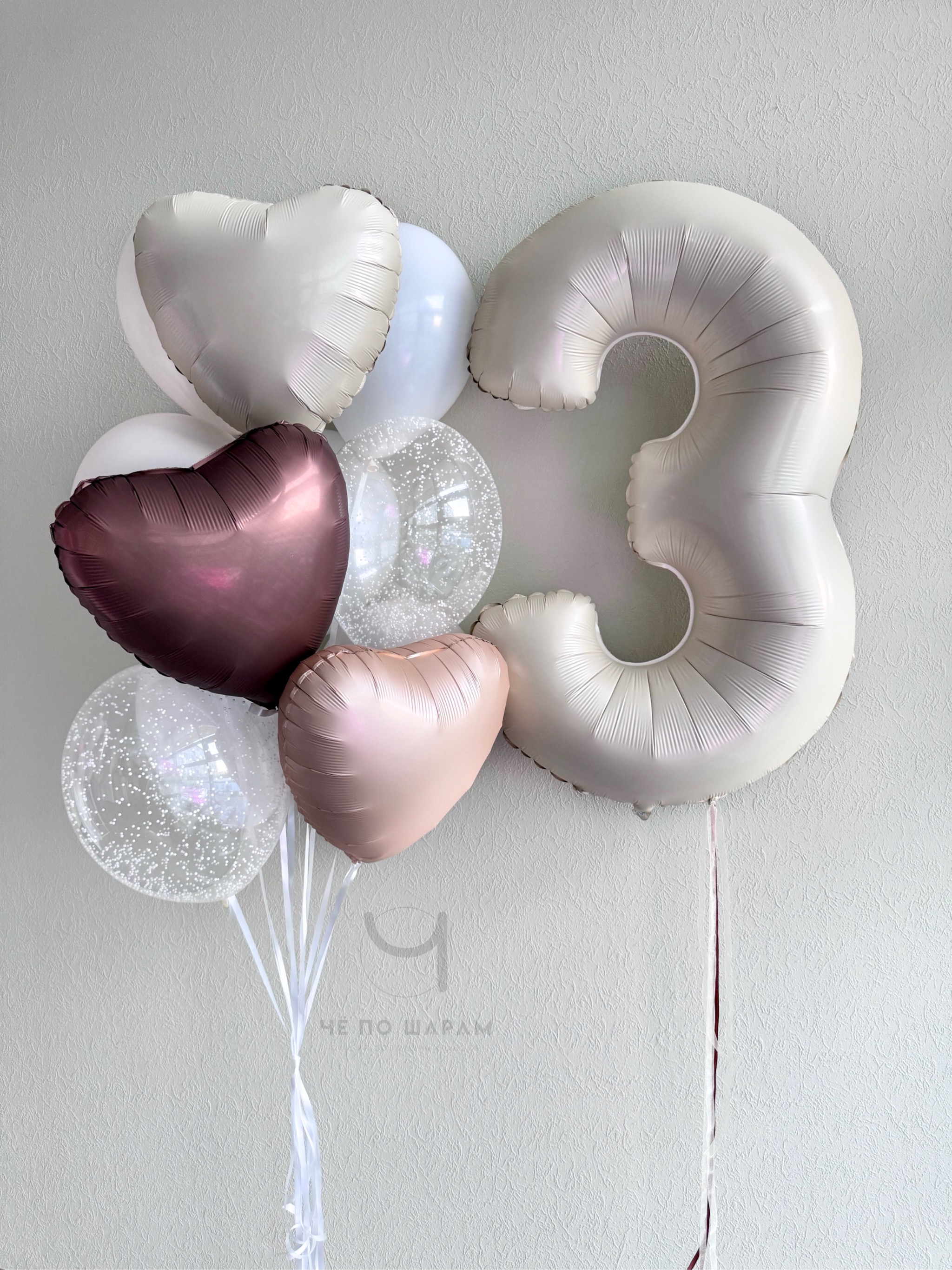 Воздушные шары на 3 года девочке | мишка фольга, сердца и шары с пенопластом + цифра 3 фото 2