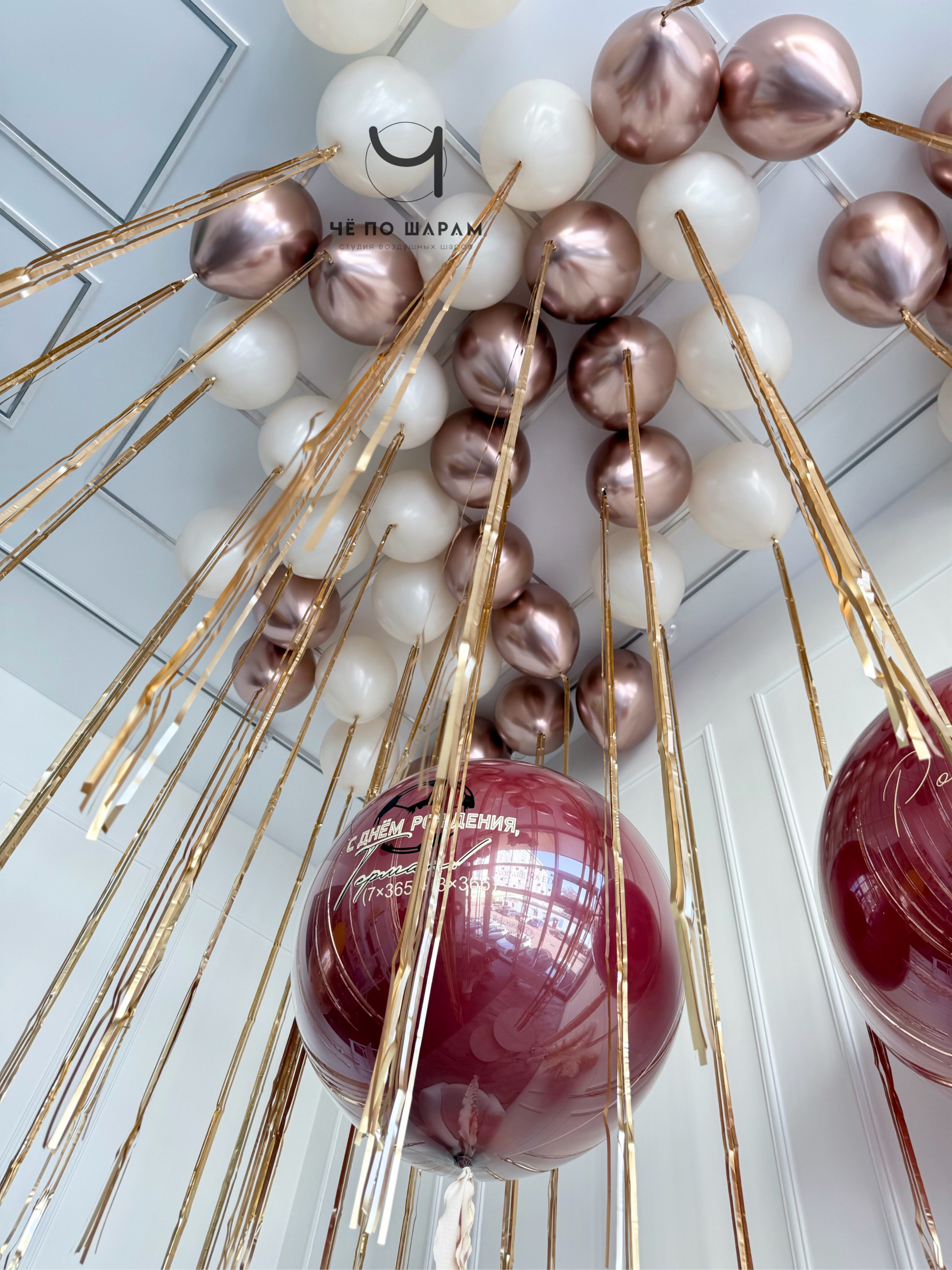 Шары под потолок с дождиком и гигантские шары с надписью — оформление праздника шарами, доставка по Коломне фото 2
