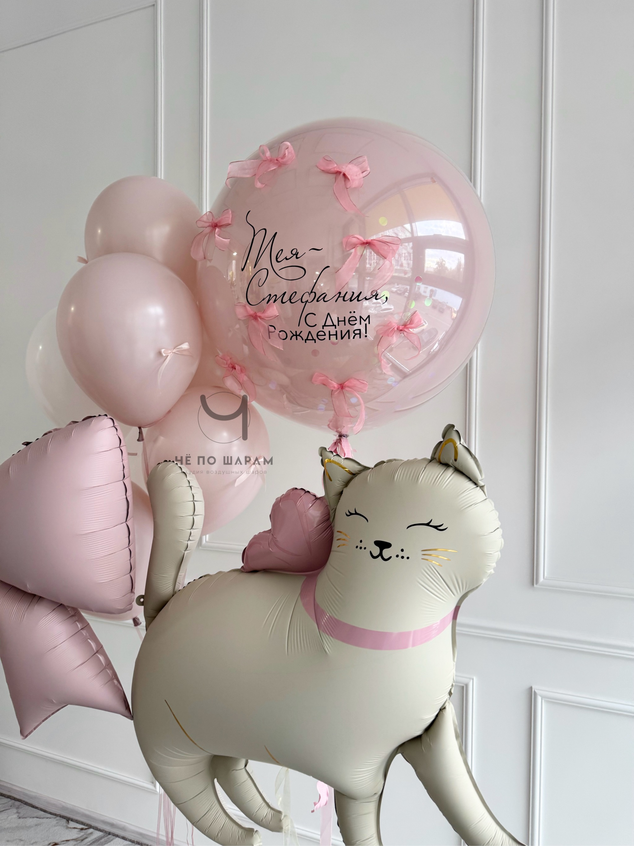 Шары для девочки с кошкой и большим шаром с надписью фото 3