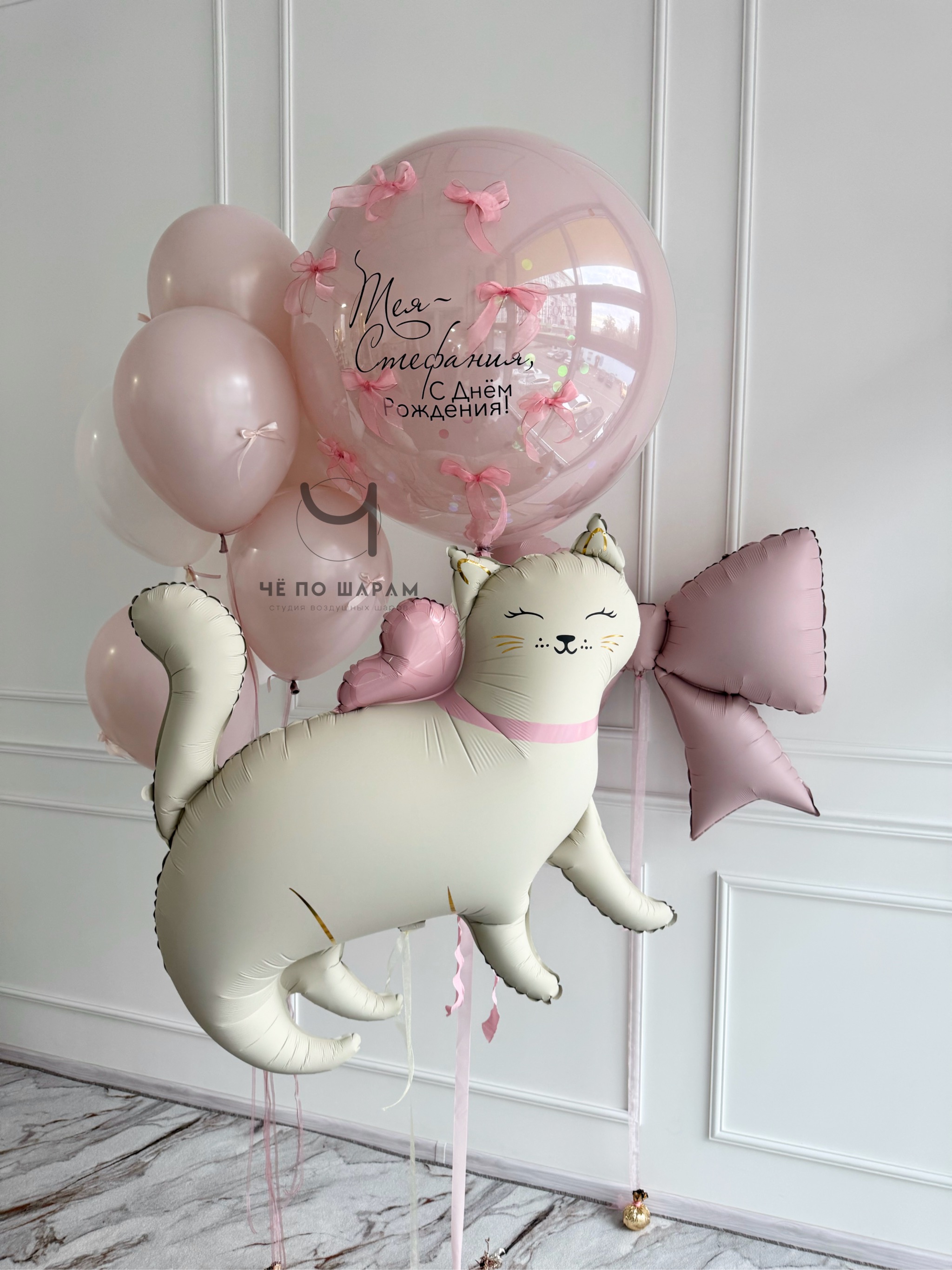 Шары для девочки с кошкой и большим шаром с надписью фото 2