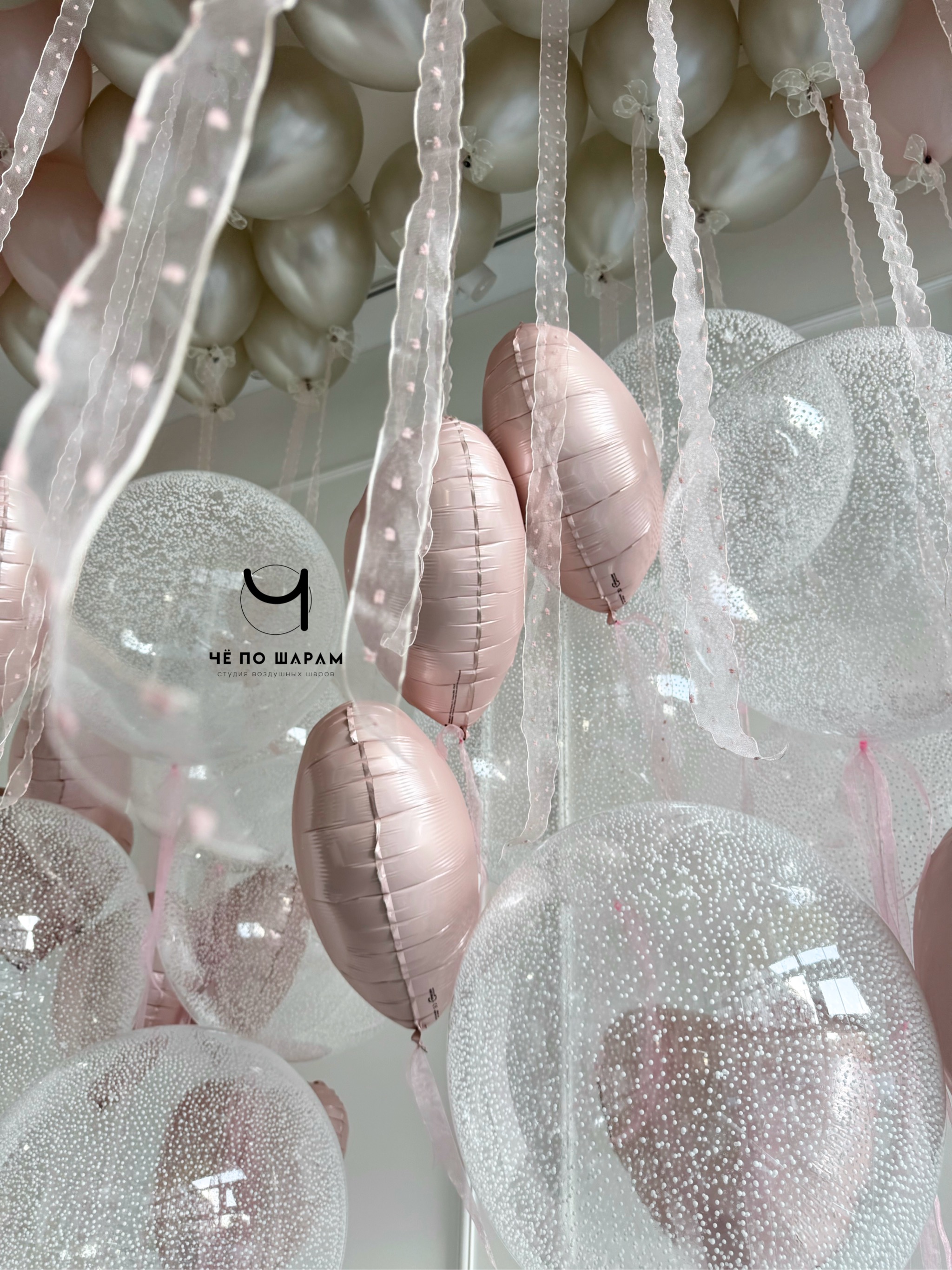 Фотозона из воздушных шаров с облаками и бантами для девочки фото 4